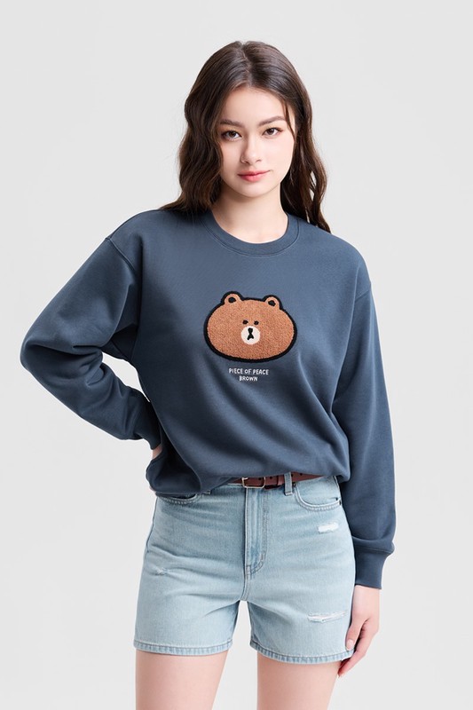 LINE FRIENDS毛圈寬版電繡圓領衫-01-女