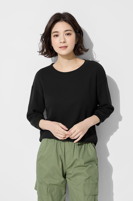 華夫格寬鬆七分袖T恤-女