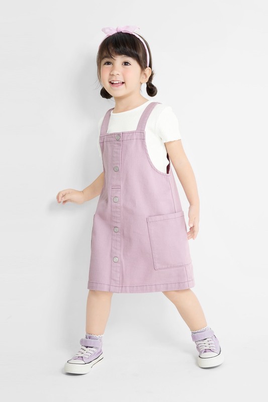 多色牛仔吊帶裙-童