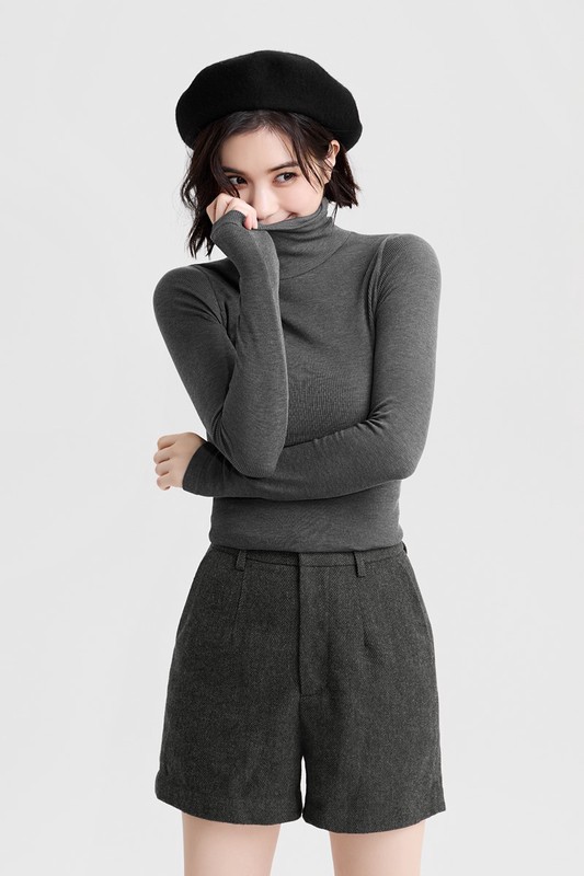 heatup無側縫羅紋高領長袖上衣-女