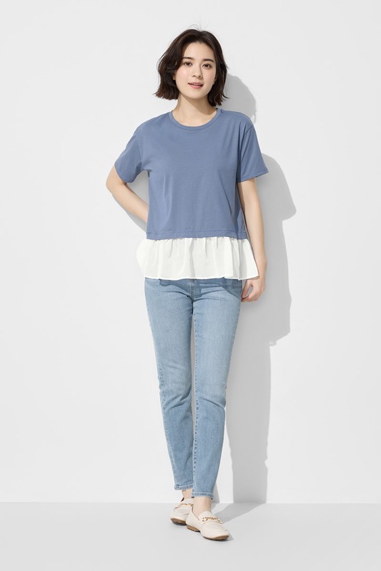 柔滑棉寬鬆雪紡拼接上衣-女