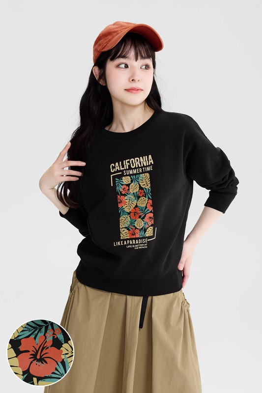花卉圖框刷毛印花圓領衫-女
