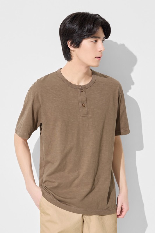 竹節棉亨利領T恤-男