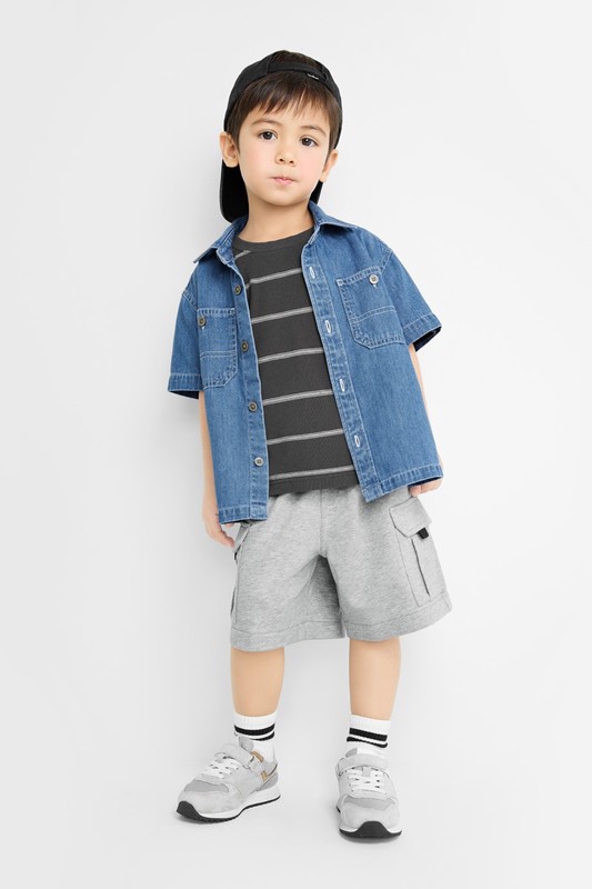 牛仔寬版短袖襯衫-童