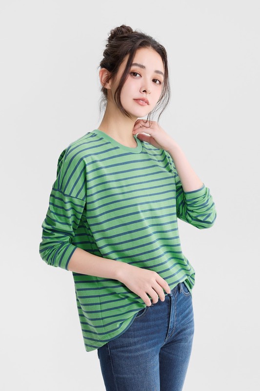 柔滑棉寬鬆條紋長袖T恤-女
