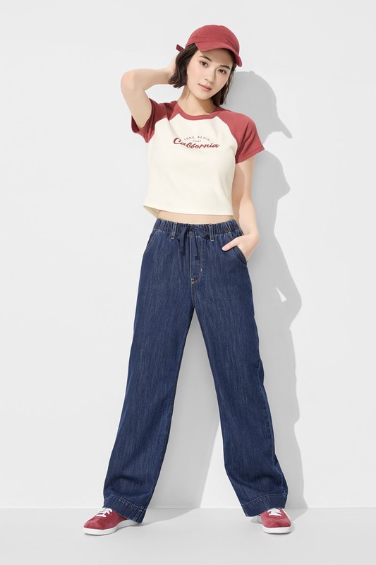 鬆緊直筒落地牛仔褲-女