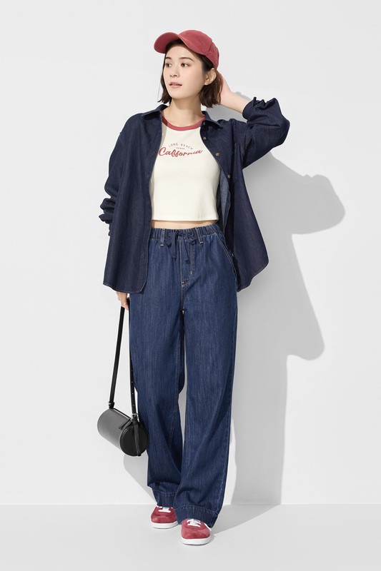 鬆緊直筒落地牛仔褲-女