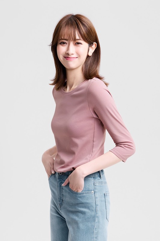 棉質羅紋圓領七分袖T恤-女