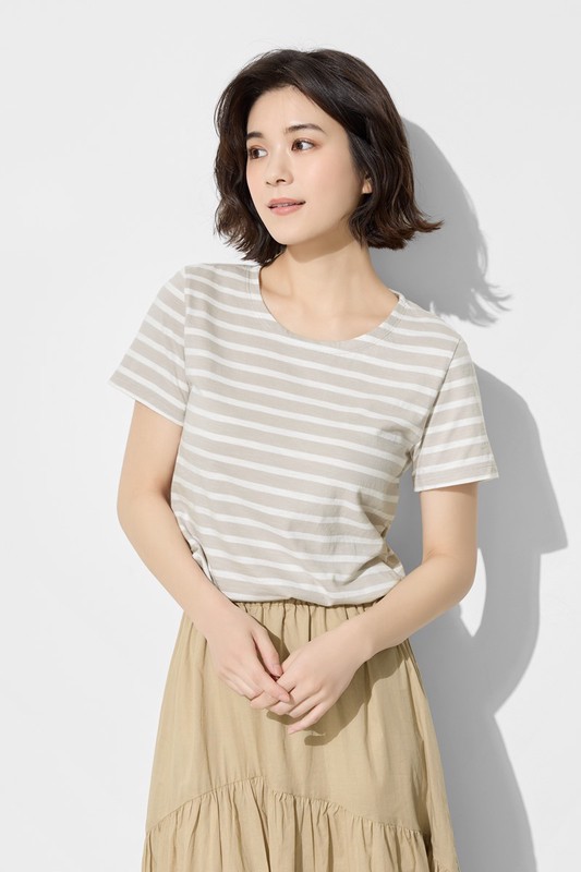 竹節棉條紋短袖T恤-女