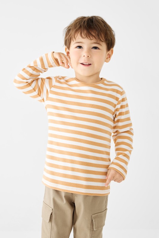 磨毛羅紋條紋圓領T恤-童