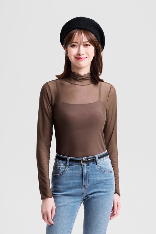透膚木耳邊高領T恤-女