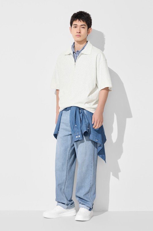 粗紡半開襟五分袖寬版上衣-男