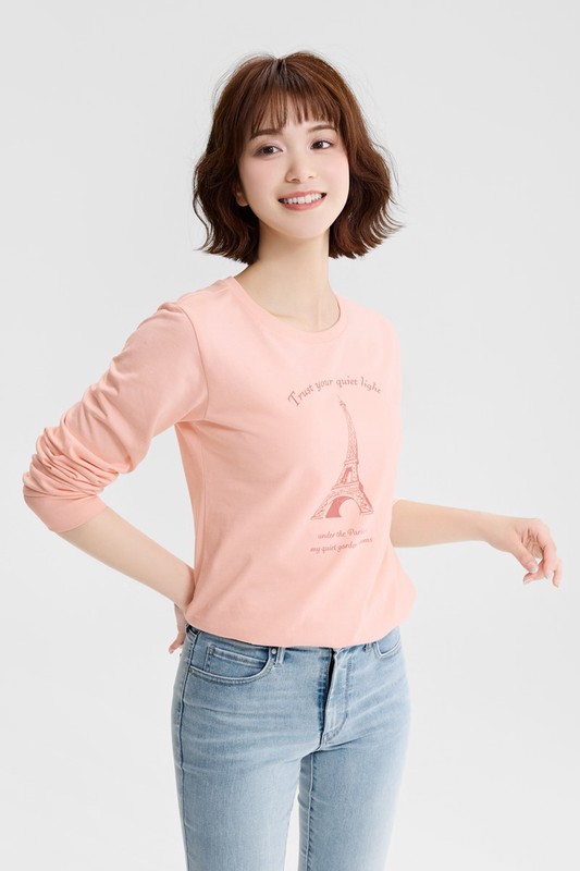 巴黎印象長袖印花T恤-女