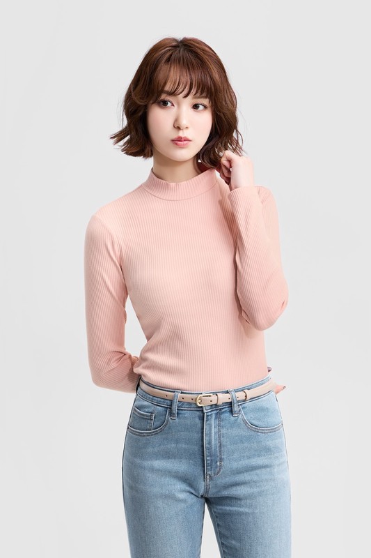 羅紋立領長袖T恤-女