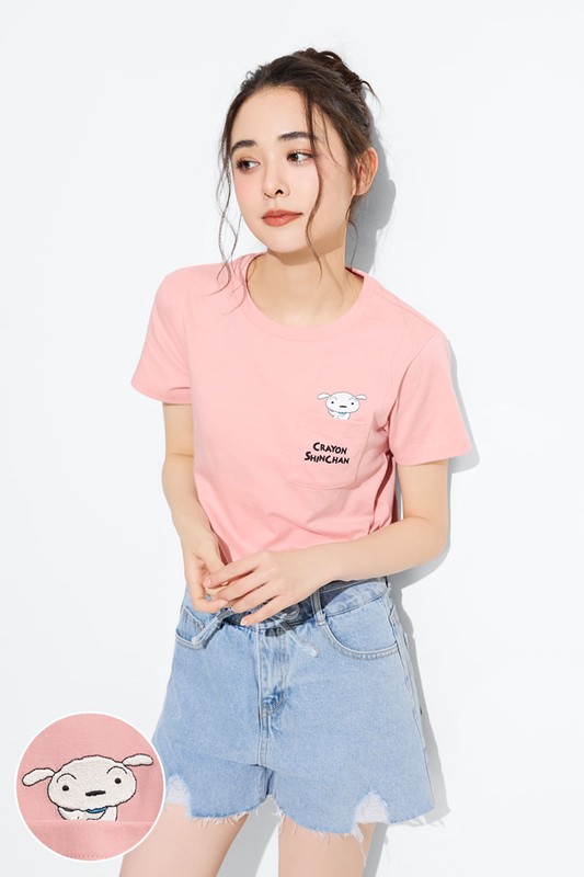 蠟筆小新口袋電繡T恤-05-女