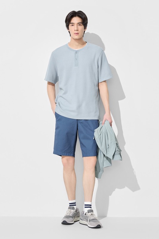 華夫格亨利領寬版T恤-男