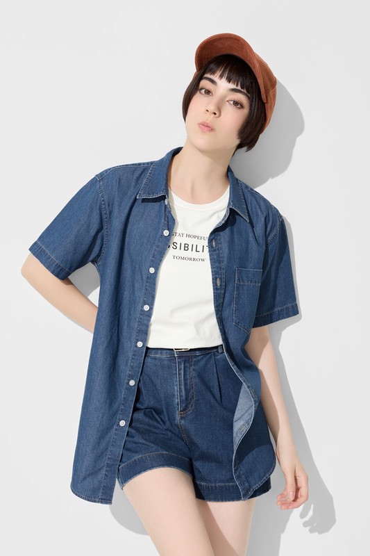 輕型牛仔短袖襯衫-男