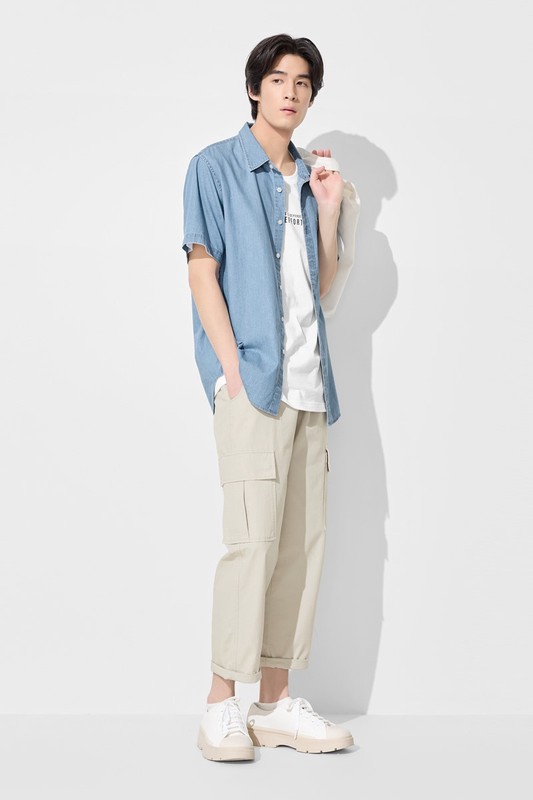 輕型牛仔短袖襯衫-男