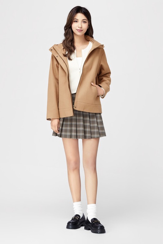 仿毛呢連帽短大衣-女