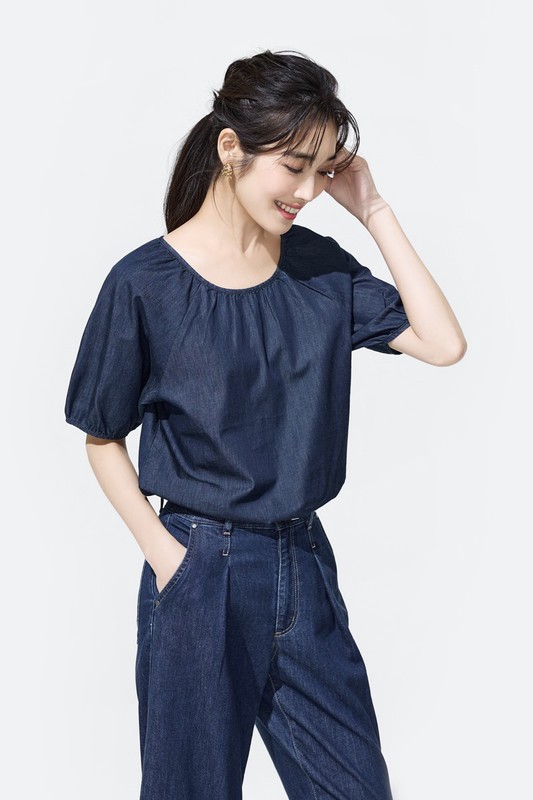 牛仔泡泡袖上衣-女