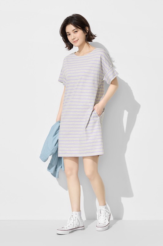柔滑棉條紋寬鬆洋裝-女