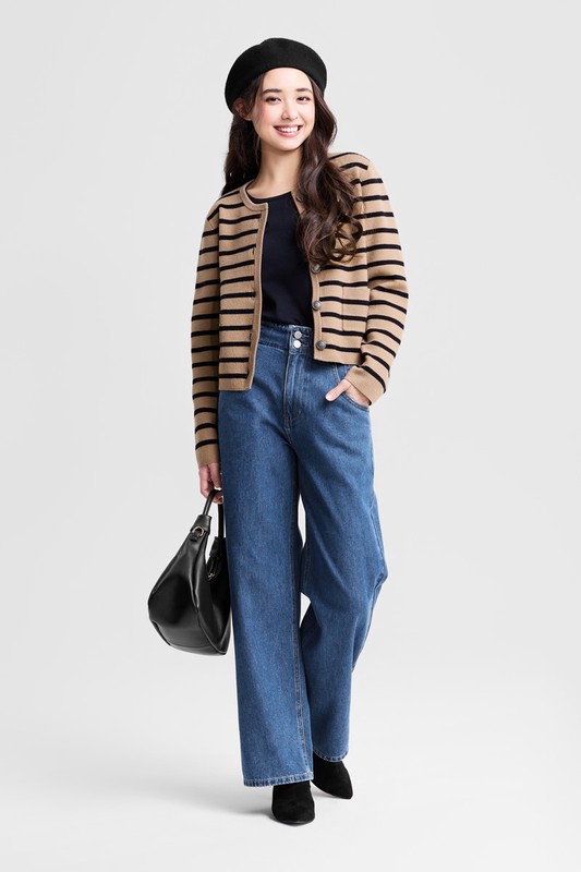 條紋寬版圓領針織外套-女