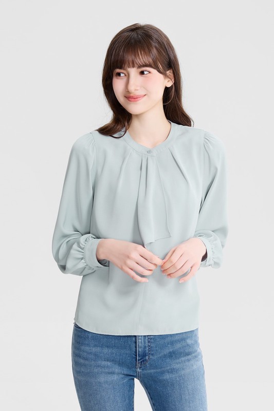 荷葉領結長袖襯衫-女
