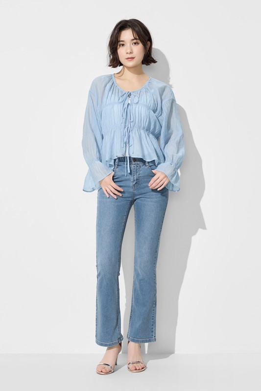 透膚細褶短版綁帶上衣-女