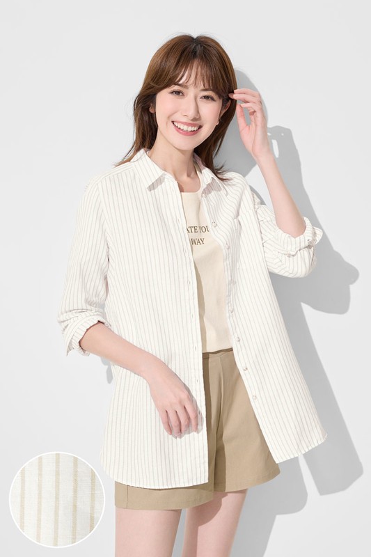 棉麻條紋長版襯衫-女