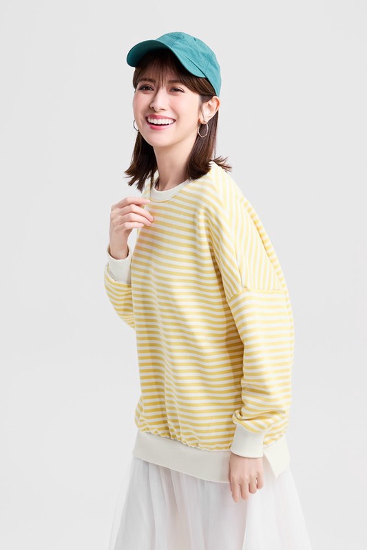 刷毛寬長版條紋圓領衫-女