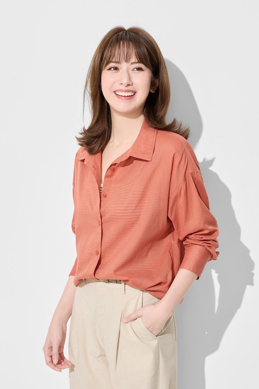 棉質透膚長袖襯衫-女