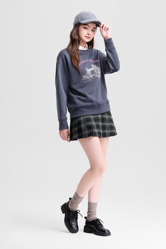 英倫插畫刷毛印花圓領衫-女