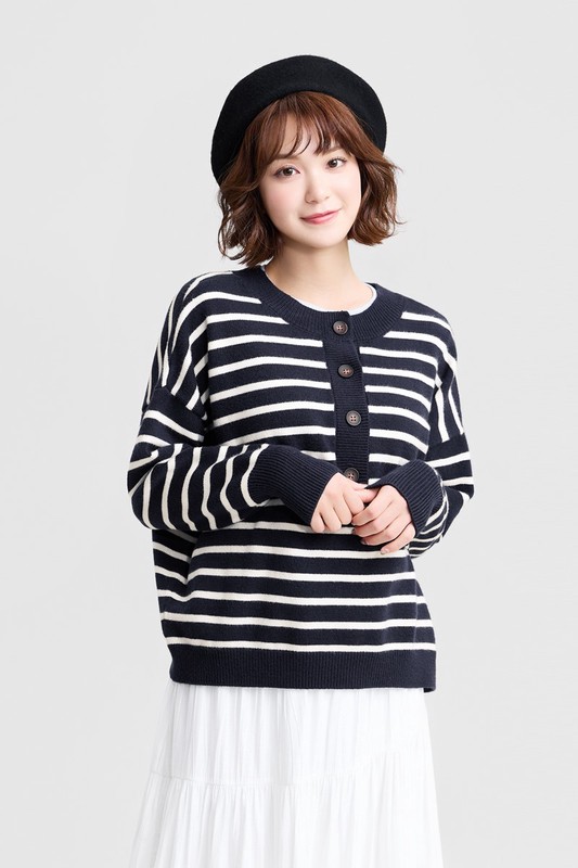 寬版條紋半開襟毛衣-女