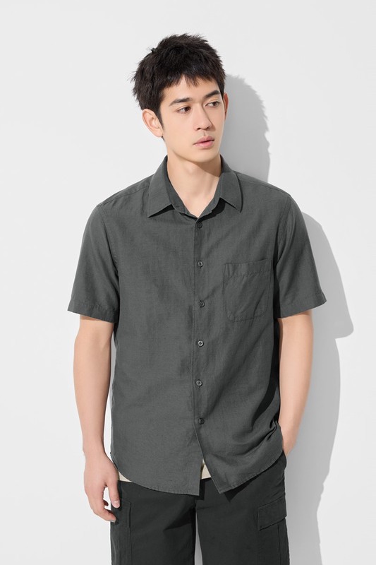棉麻短袖襯衫-男