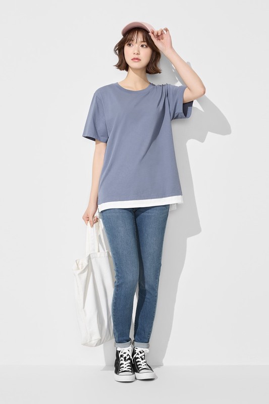 純棉寬版假兩件T恤-女