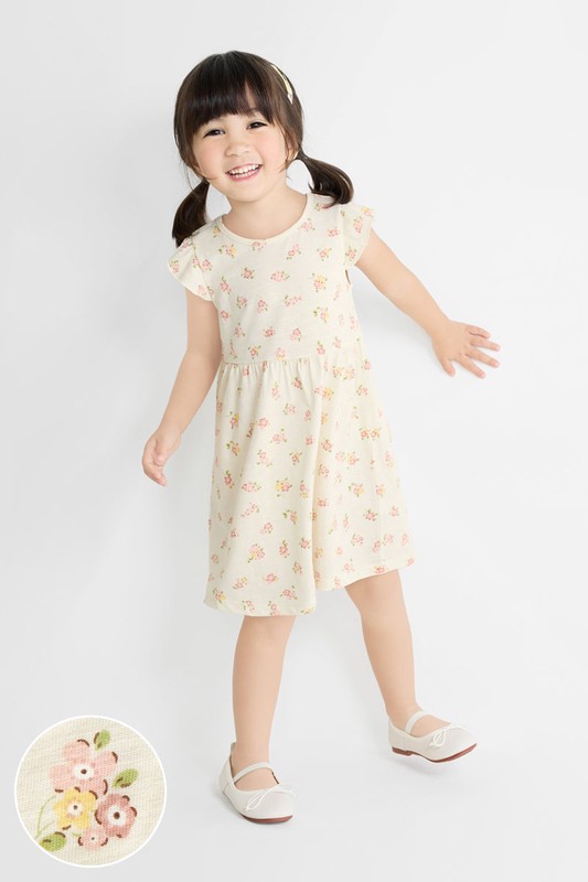 竹節棉荷葉袖花卉洋裝-童