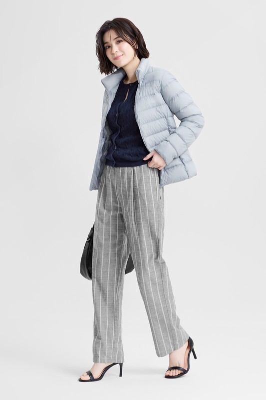亞麻混紡條紋輕便長褲-女
