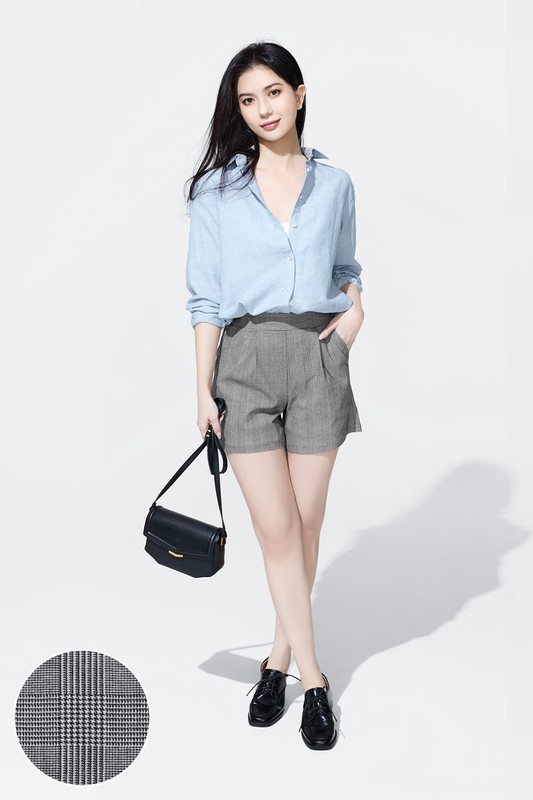 彈力格紋打褶短褲-女