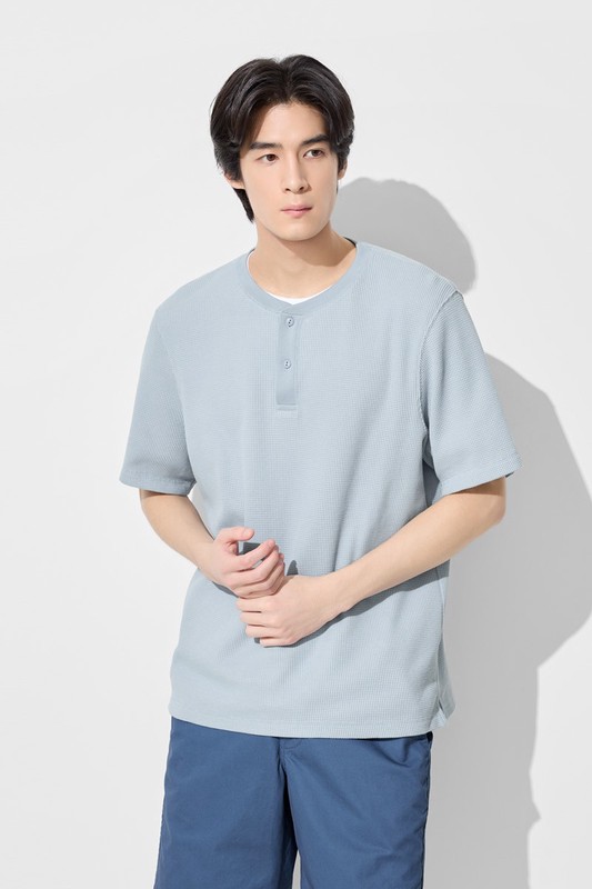 華夫格亨利領寬版T恤-男