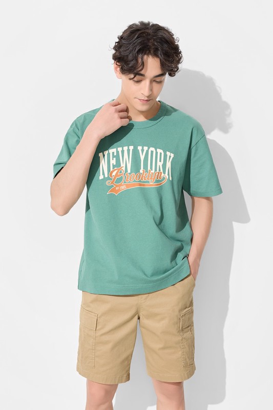 粗紡寬版文字印花T恤-01-男