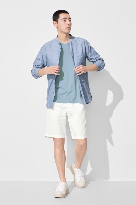 棉麻立領長袖襯衫-男