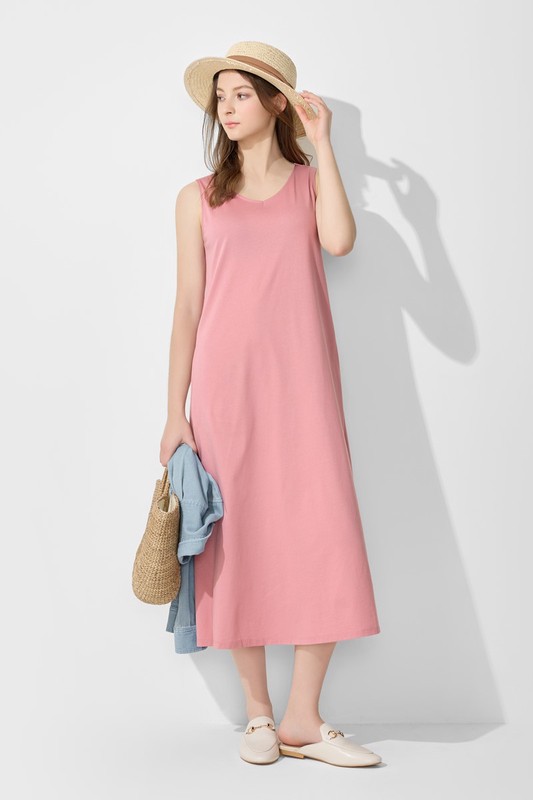 絲光棉寬鬆V領長洋裝-女