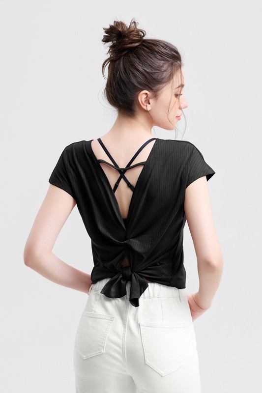 運動美背扭結連袖上衣-女