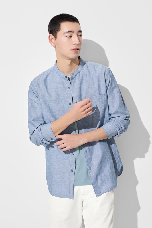 棉麻立領長袖襯衫-男