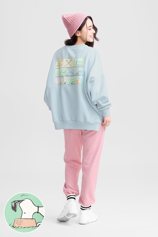 史努比系列刷毛寬長版印花圓領衫-10-女