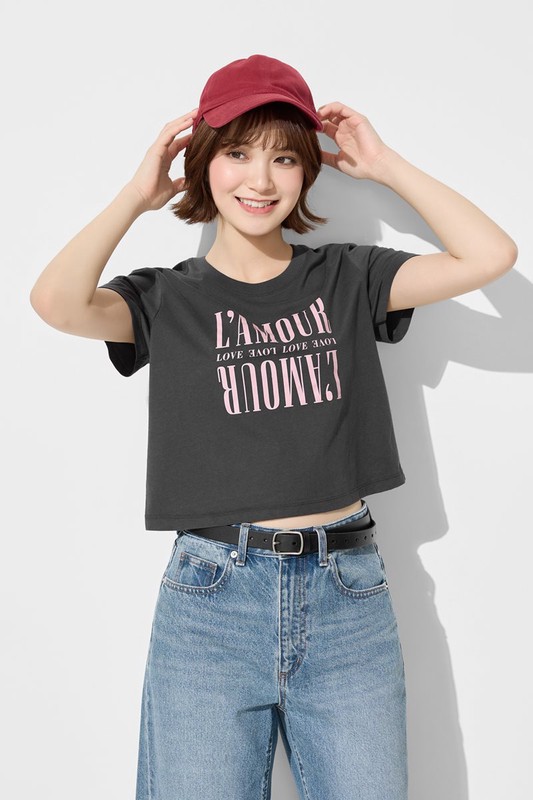 純棉圓領文字印花短版T恤-女