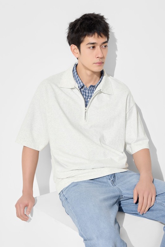 粗紡半開襟五分袖寬版上衣-男