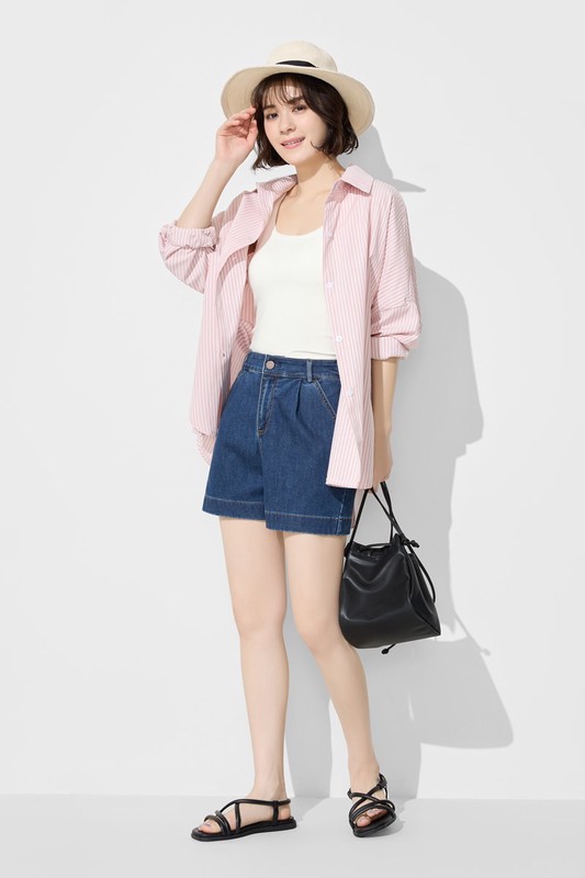 打褶牛仔短褲-女