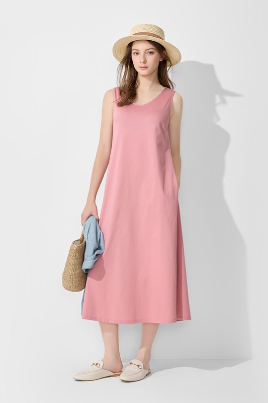 絲光棉寬鬆V領長洋裝-女