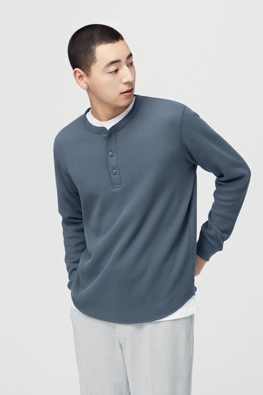 華夫格亨利領長袖T恤-男